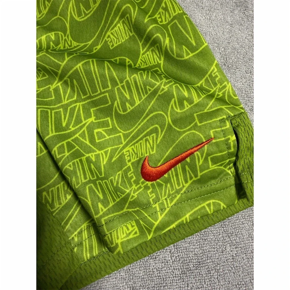 Nike Boys Athletic Shorts Size 6 Green Allover Logo Print Orange Swoosh